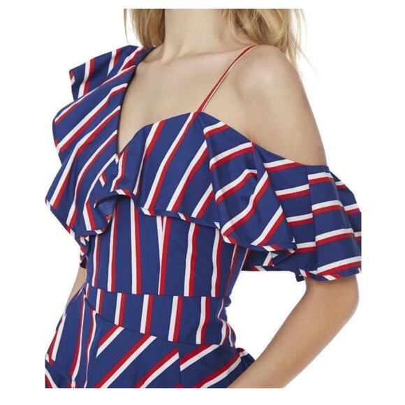 Alice + Olivia Red White Blue Stripe Asymmetrical Ruffle A-Line Cocktail Dress 2 - Picture 3 of 10